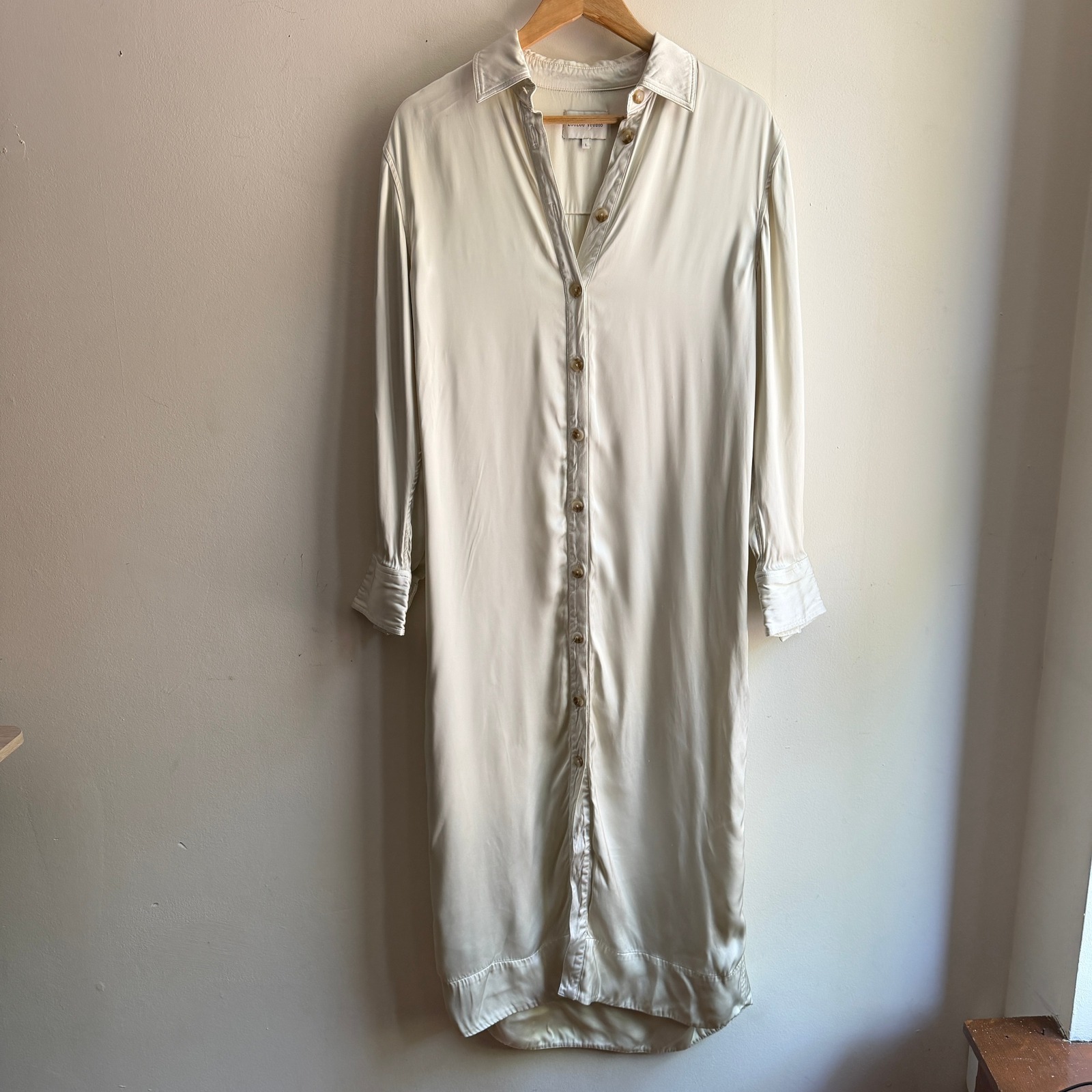 Loulou Studio Ara Satin Viscose Button Down Midi Shirt Dress Ivory L
